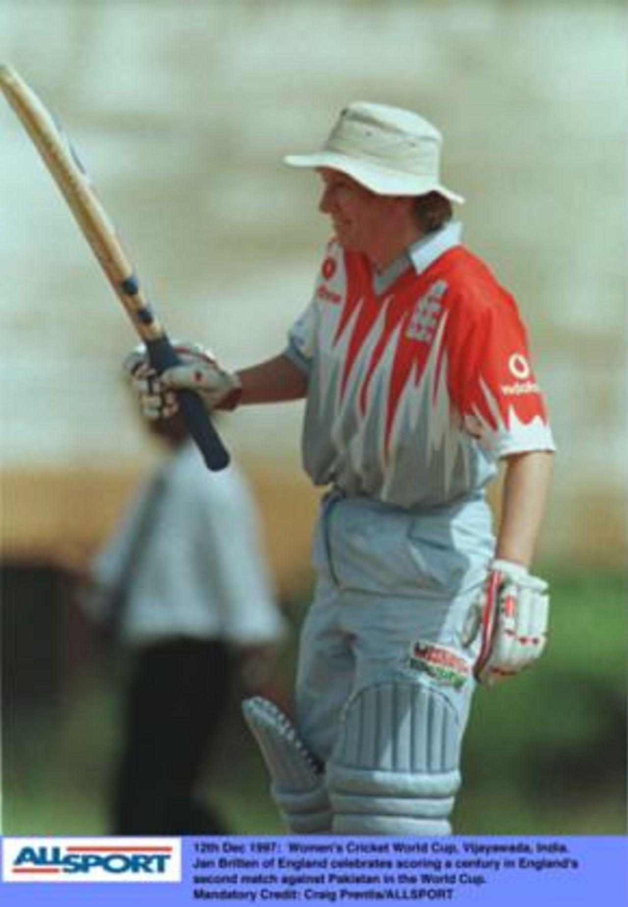 Women's World Cup, India 1997, England v Pakistan, 12 Dec 1997, Vijayawada. Jan Brittin celebrates her century