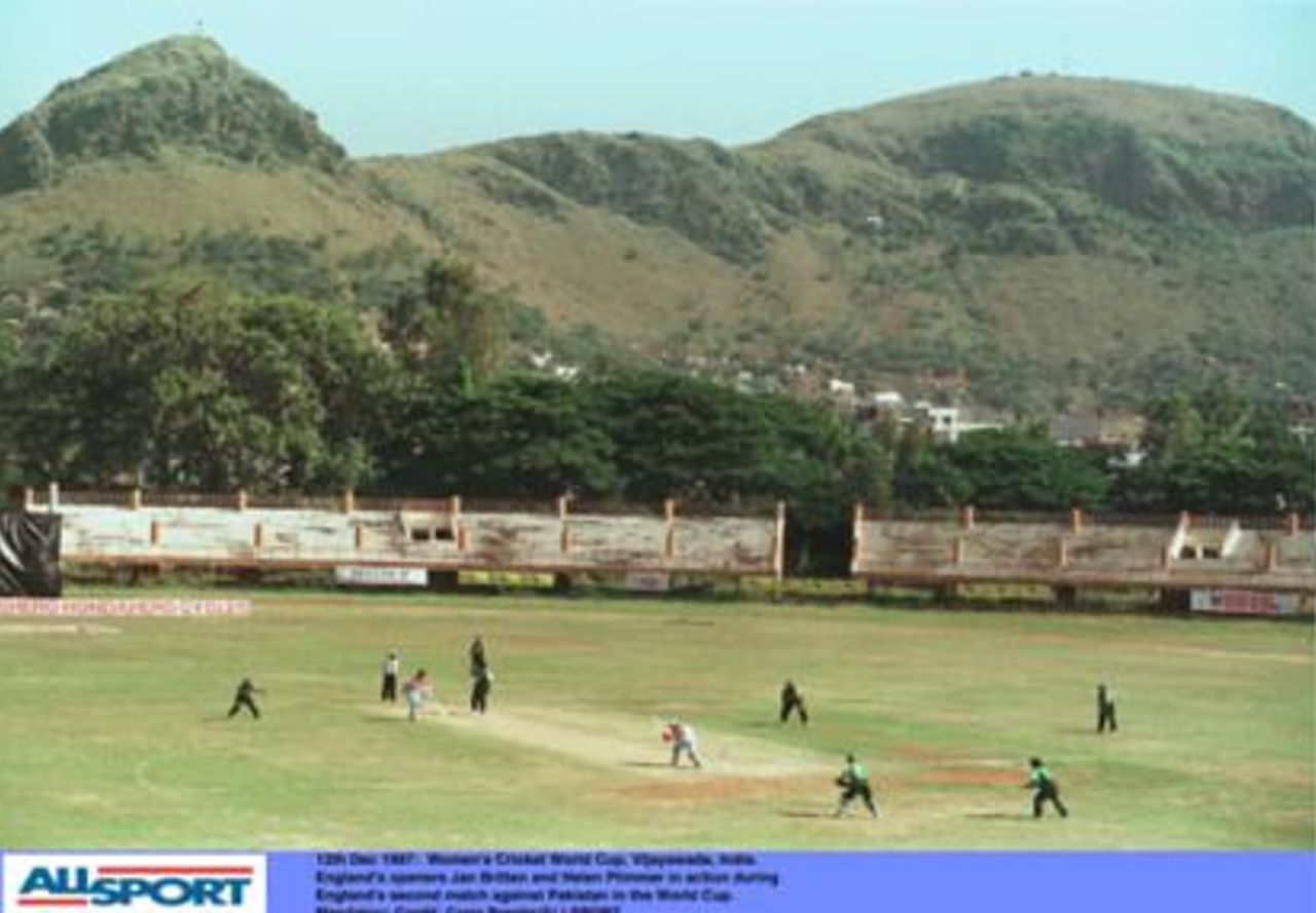 Women's World Cup, India 1997, England v Pakistan, 12 Dec 1997. The Vijayawada ground as the England openers Britten and Plimmer take on the Pakistan attack