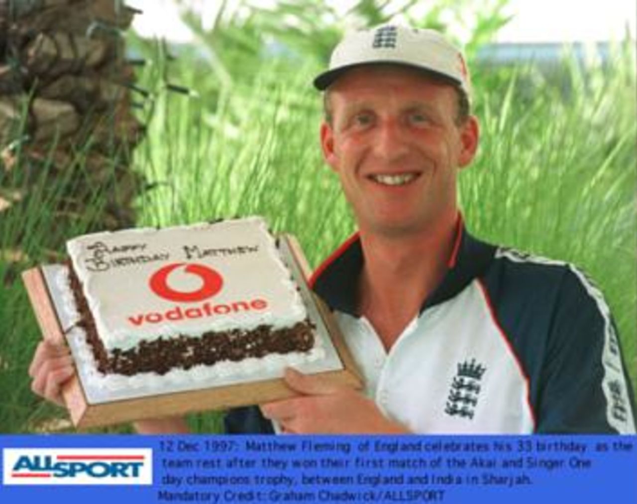 Champion's trophy, December 1997.  Mathew Fleming celebrates his birhday after England defeat India