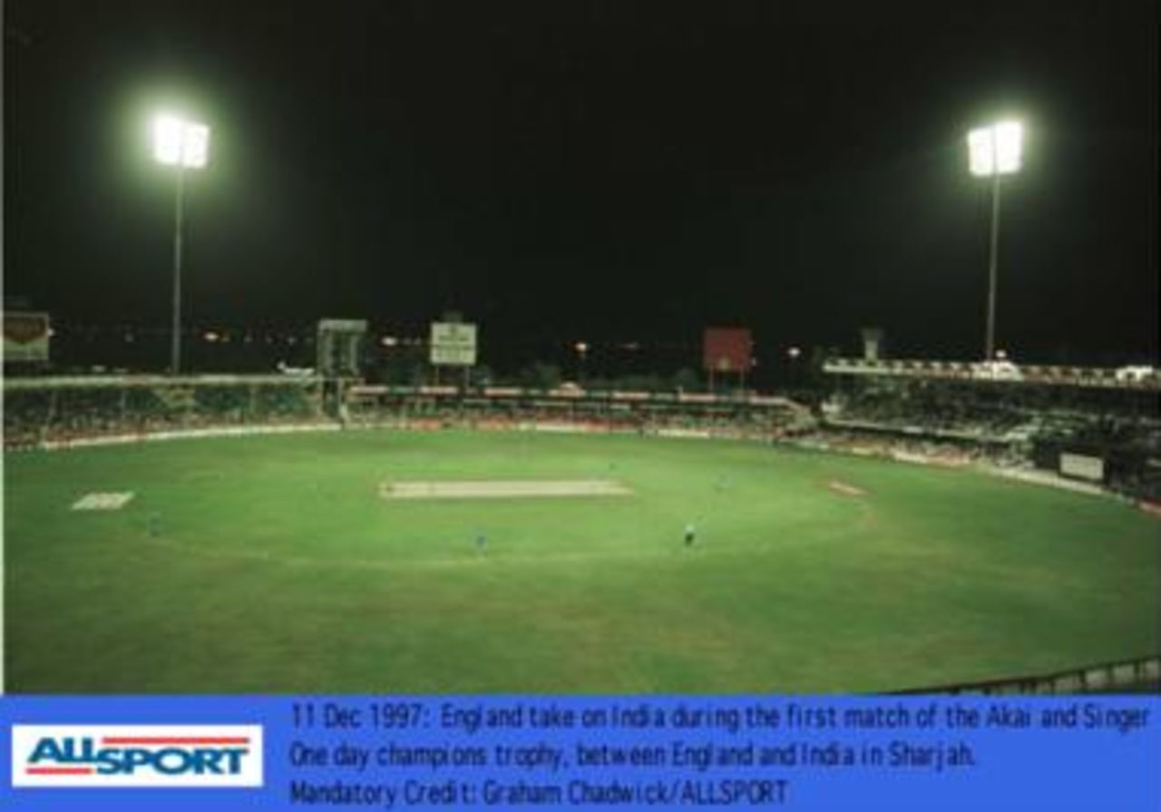 Champion's trophy, December 1997. The ground at Sharjah under lights, England v India. The first game under the lights at Sharjah.