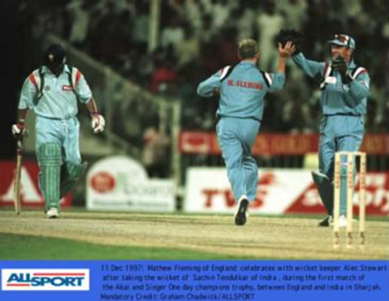 Champion's Trophy, December 1997. England v India, 11 Dec 1997: Fleming and Stewart celebrate Tendulkar's dismissal