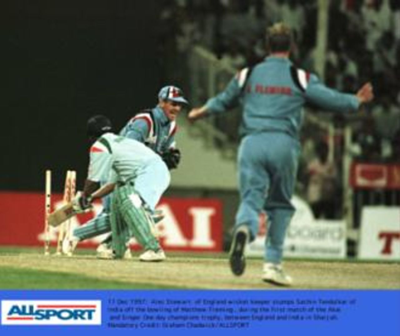 Champion's trophy, December 1997. England v India, 11 Dec 1997: Tendulkar stumped by Stewart off Fleming