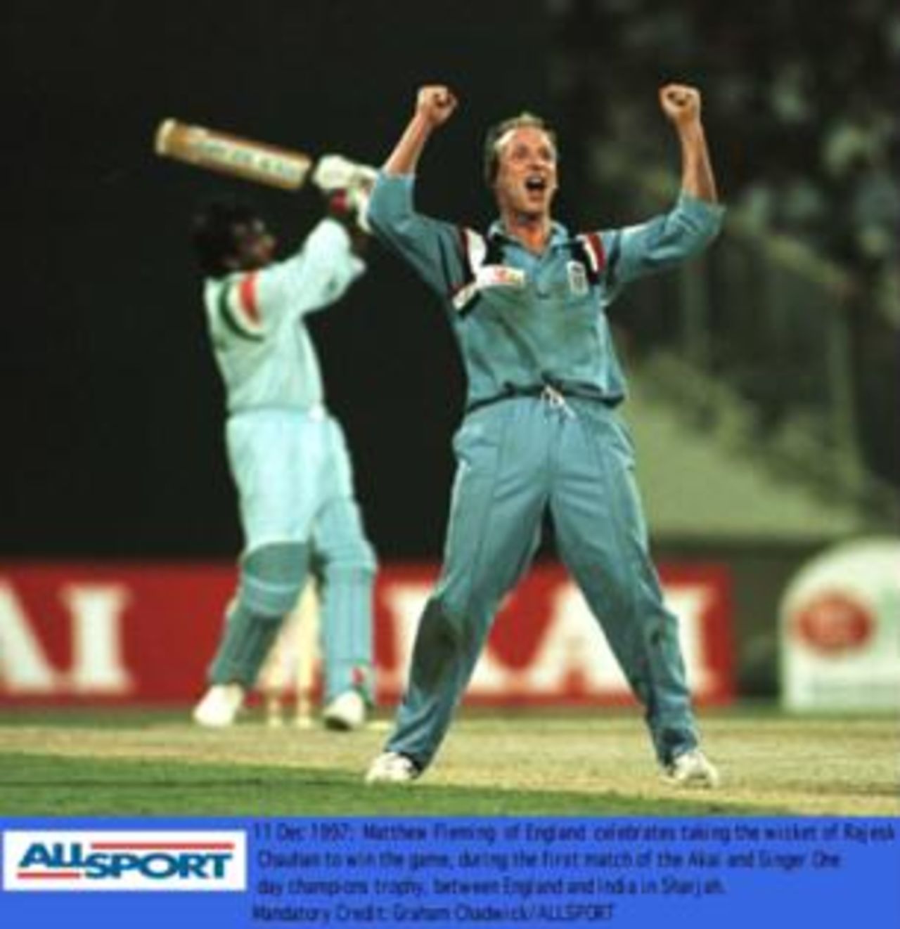 Champion's Trophy, December 1997. England v India, 11 Dec 1997: Fleming celebrates as Chauhan is bowled to end the game in the final over. England win by 7 runs.