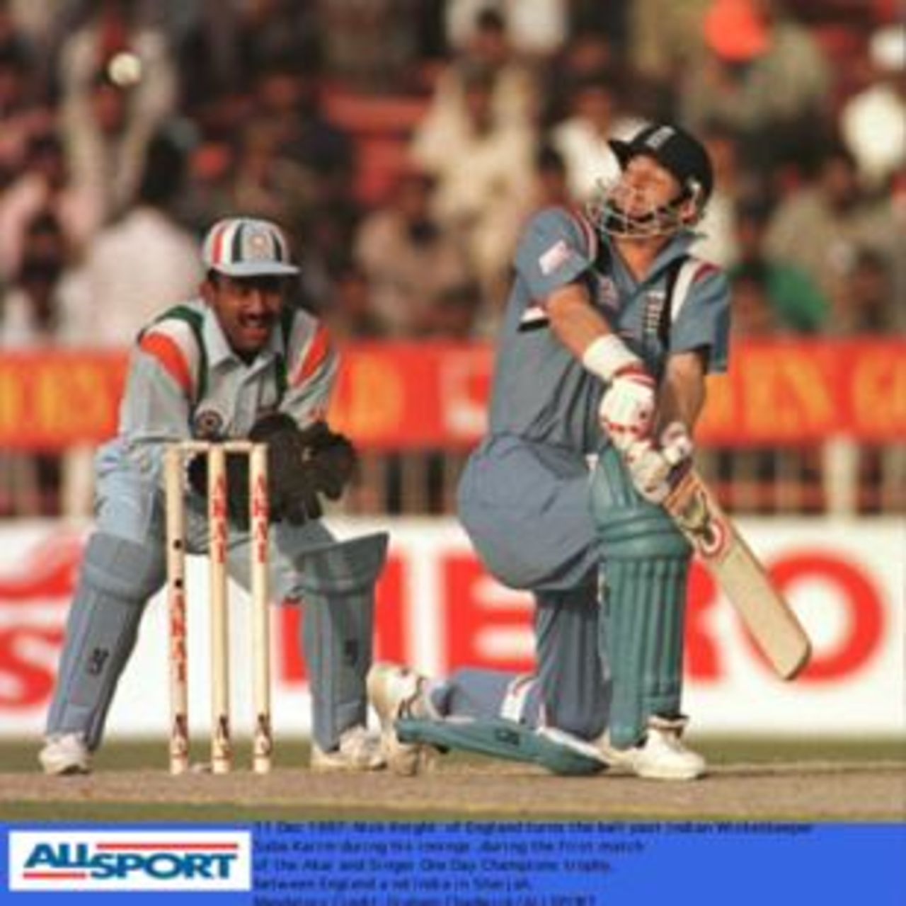 Champion's Trophy, December 1997. England v India, 11 Dec 1997: Knight sweeps past Karim