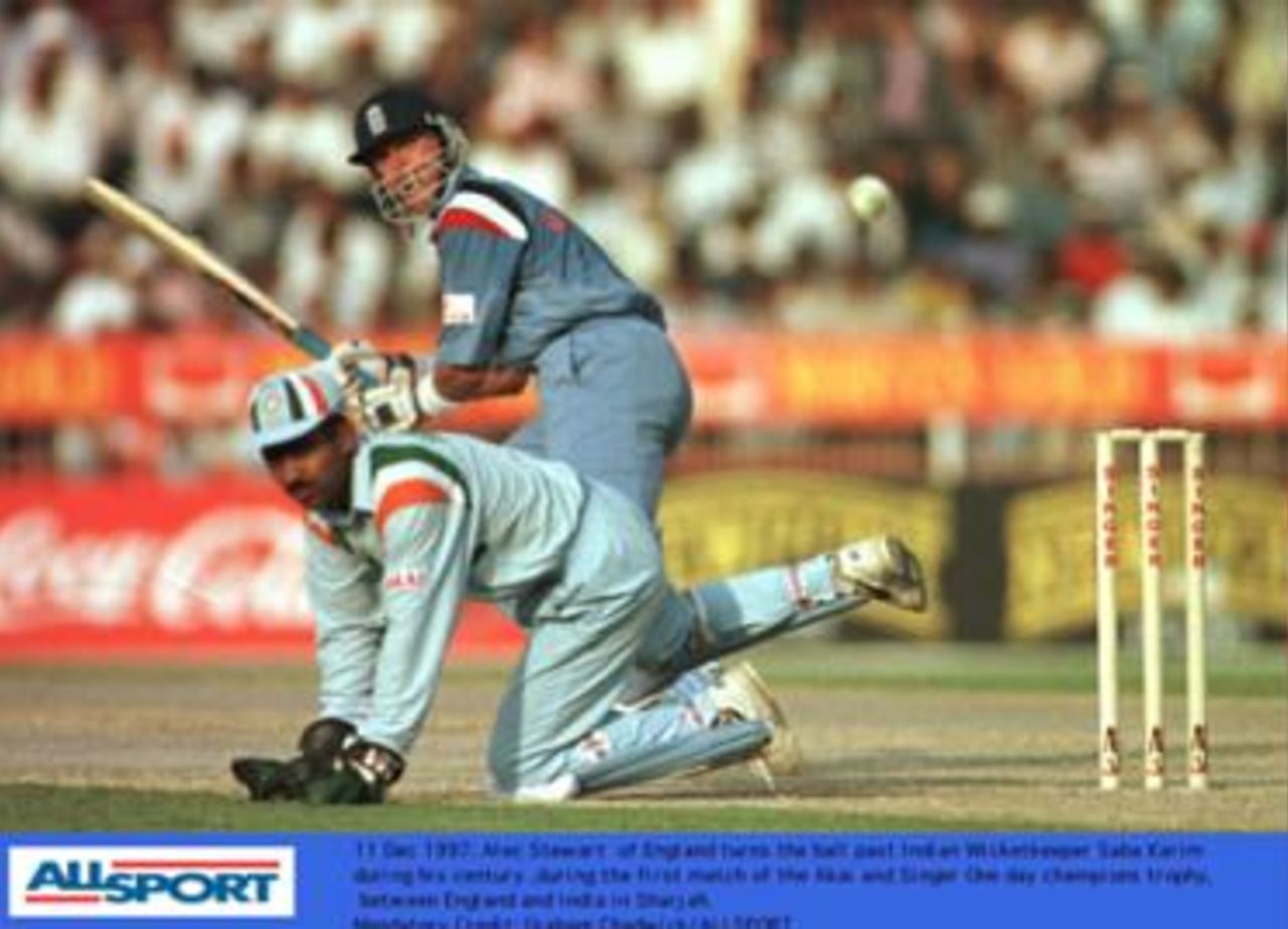 Champion's Trophy, December 1997. England v India, 11 Dec 1997: Stewart reaches his century turning the ball past Saba Karim