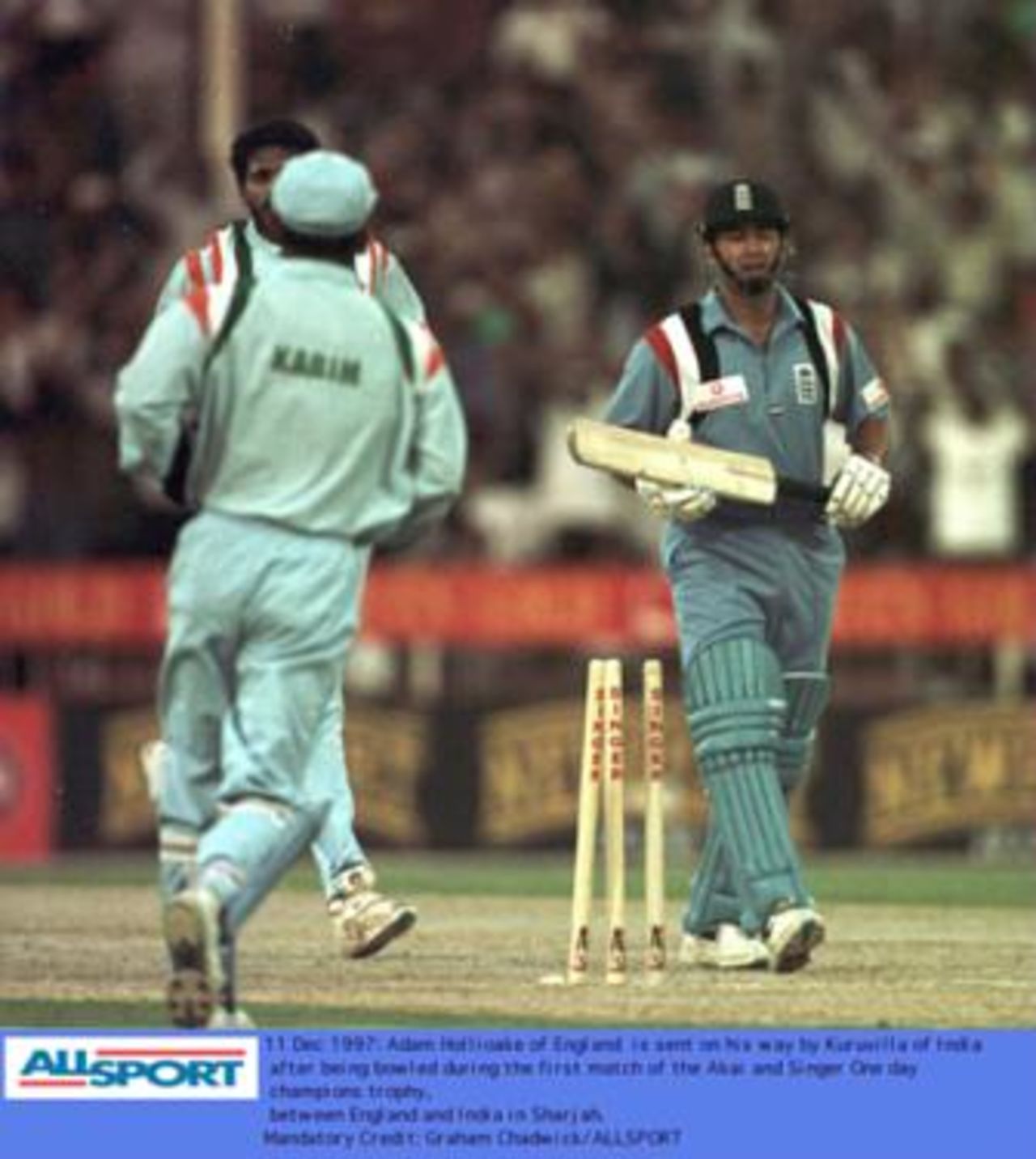 Champion's trophy, December 1997. England v India, 11 Dec 1997: A Hollioake b Kuruvilla