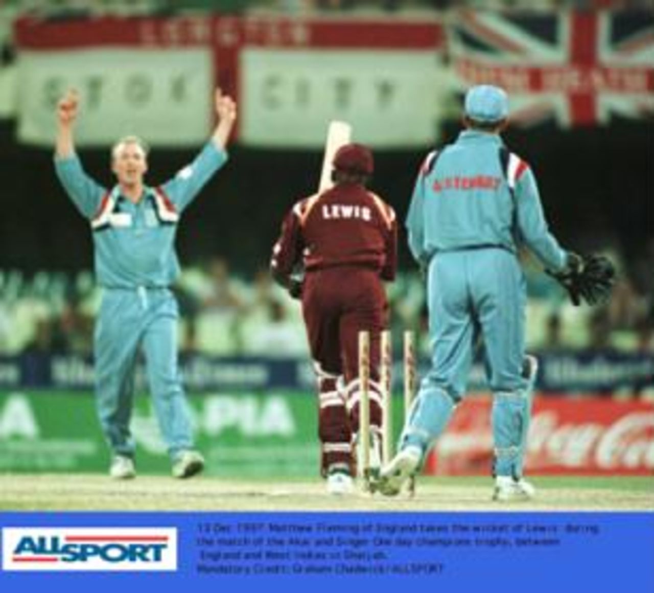Matthew Fleming takes the wicket of Lewis during England's match with the West Indies in the Champions Trophy in Sharjah