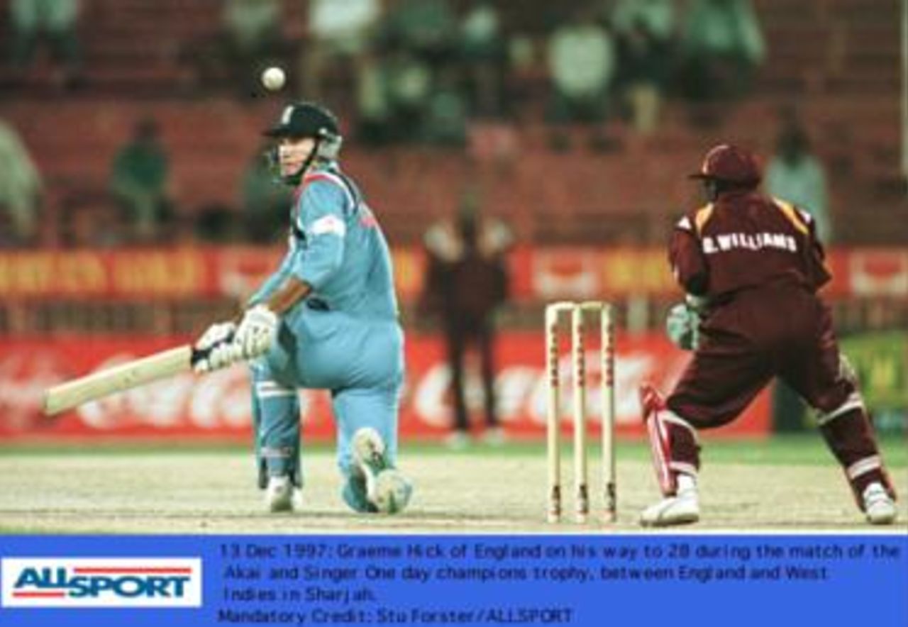 Champions Trophy 1997: England v West Indies 13 Dec 1997. Hick sweeps past Williams.