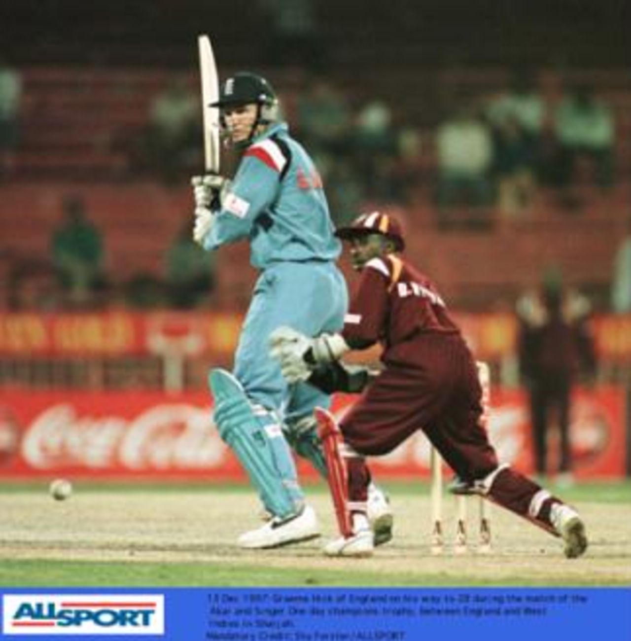 Champions Trophy 1997: England v West Indies 13 Dec 1997. Hick turns a ball to leg past Williams.