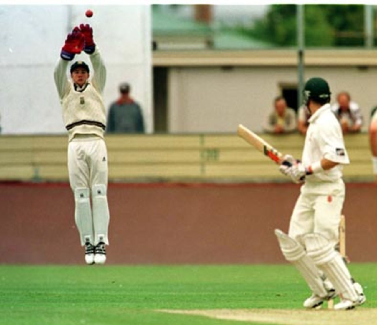 Mark Boucher goes up to take a bouncer from Lance Klusener .. during the first day of the match against Tasmania in Devonport, Tasmania, Saturday December 13th 1997.