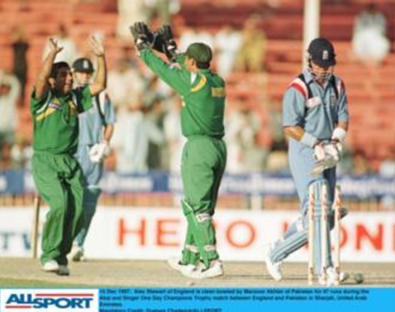 Champions Trophy Sharjah 1997, England v Pakistan 15 Dec. Manzoor Akthar celebrates after bowling Stewart
