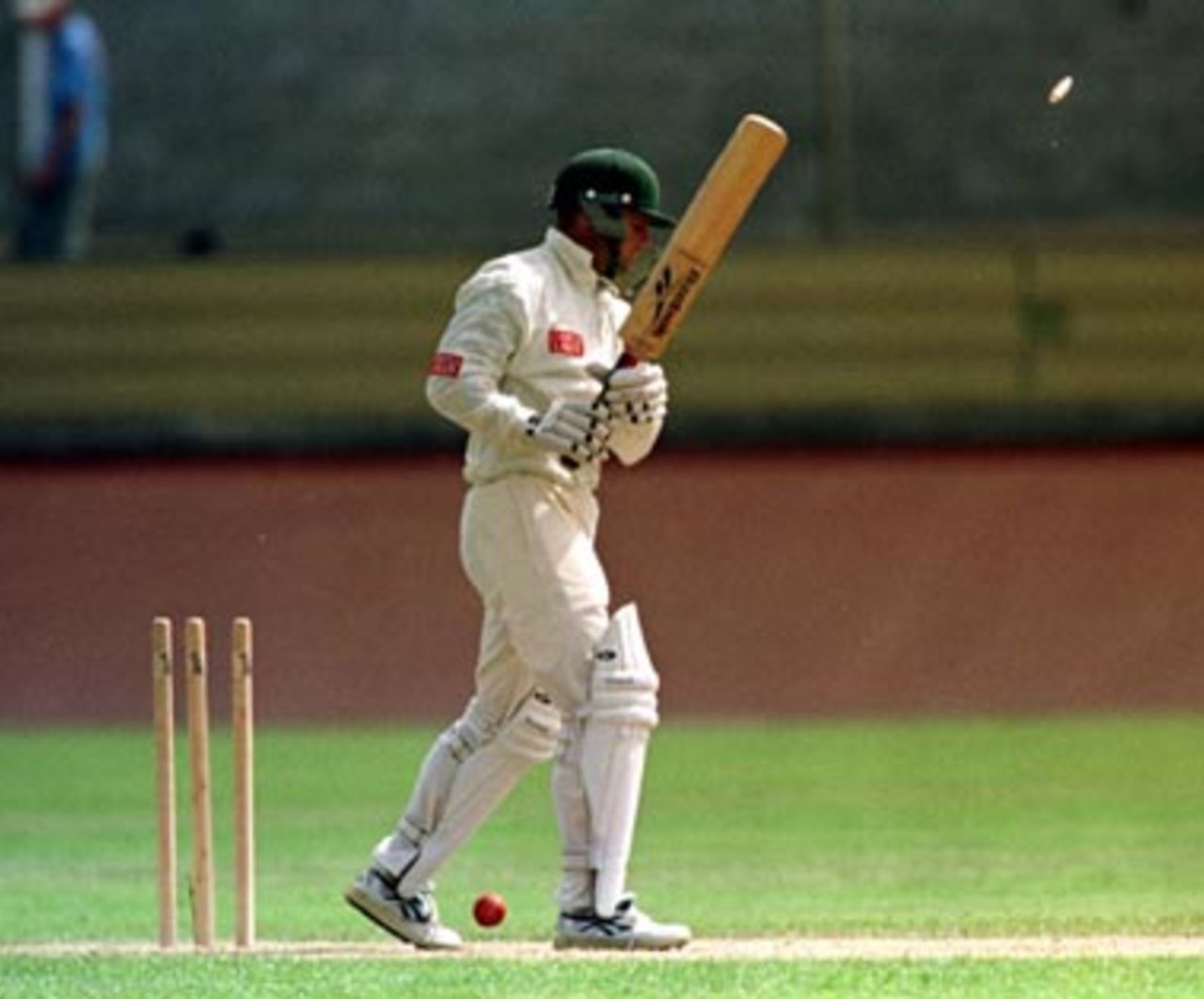 The bail flies as Gary Kirsten goes cheaply for the second time in the match .. South Africans v Tasmania, Day 4, December 16th 1997.