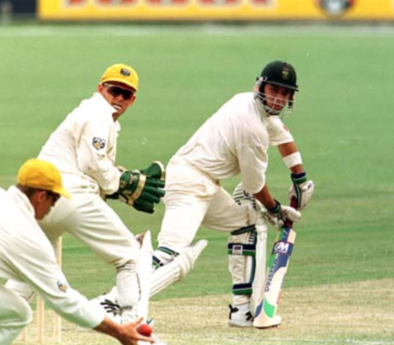 Hershelle Gibbs is caught at 1st slip by Mathew Hayden, bowled by Bevan, during the first day of the Australia 'A' v South Africans 4 day match at the Gabba in Brisbane. December 19th 1997.