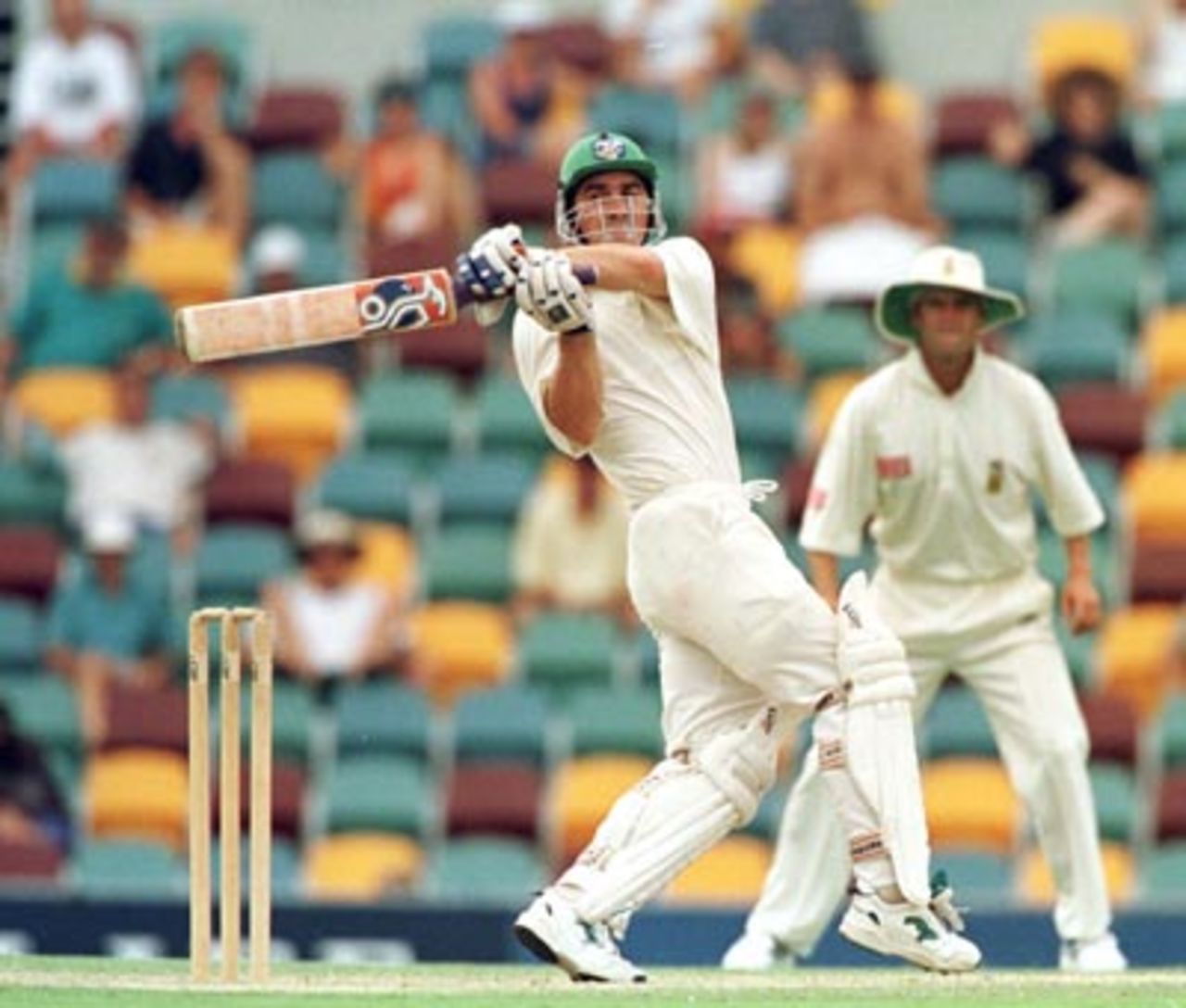 Justin Langer hooks during the 2nd day of the Australia 'A' v South Africans 4 day match at the Gabba in Brisbane. December 20th 1997.