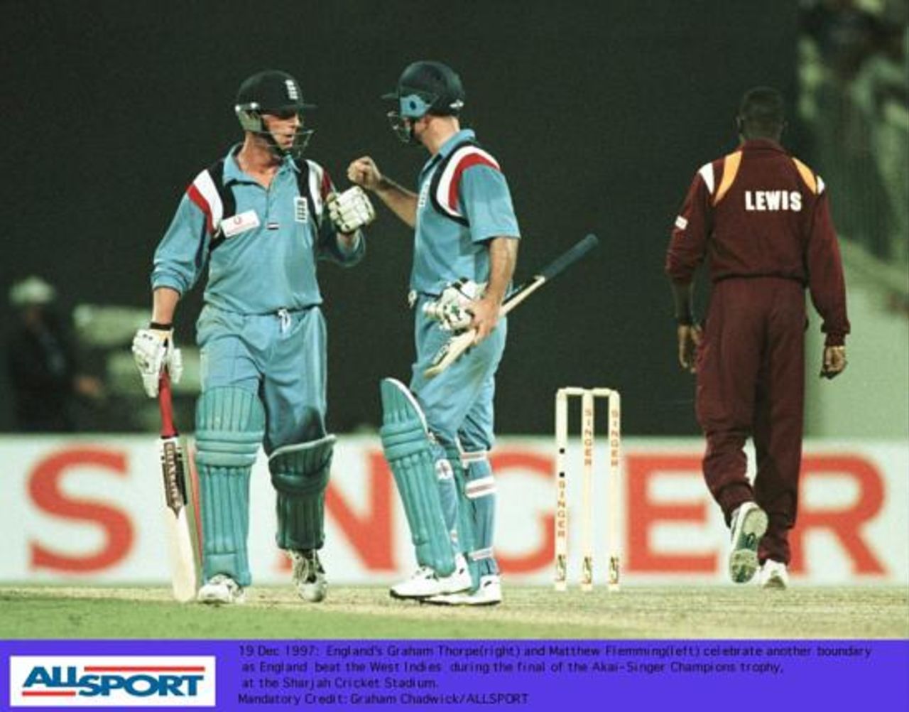 Champion's Trophy Dec 1997 Final, England v West Indies. Thorpe and Fleming during their match winning partnership