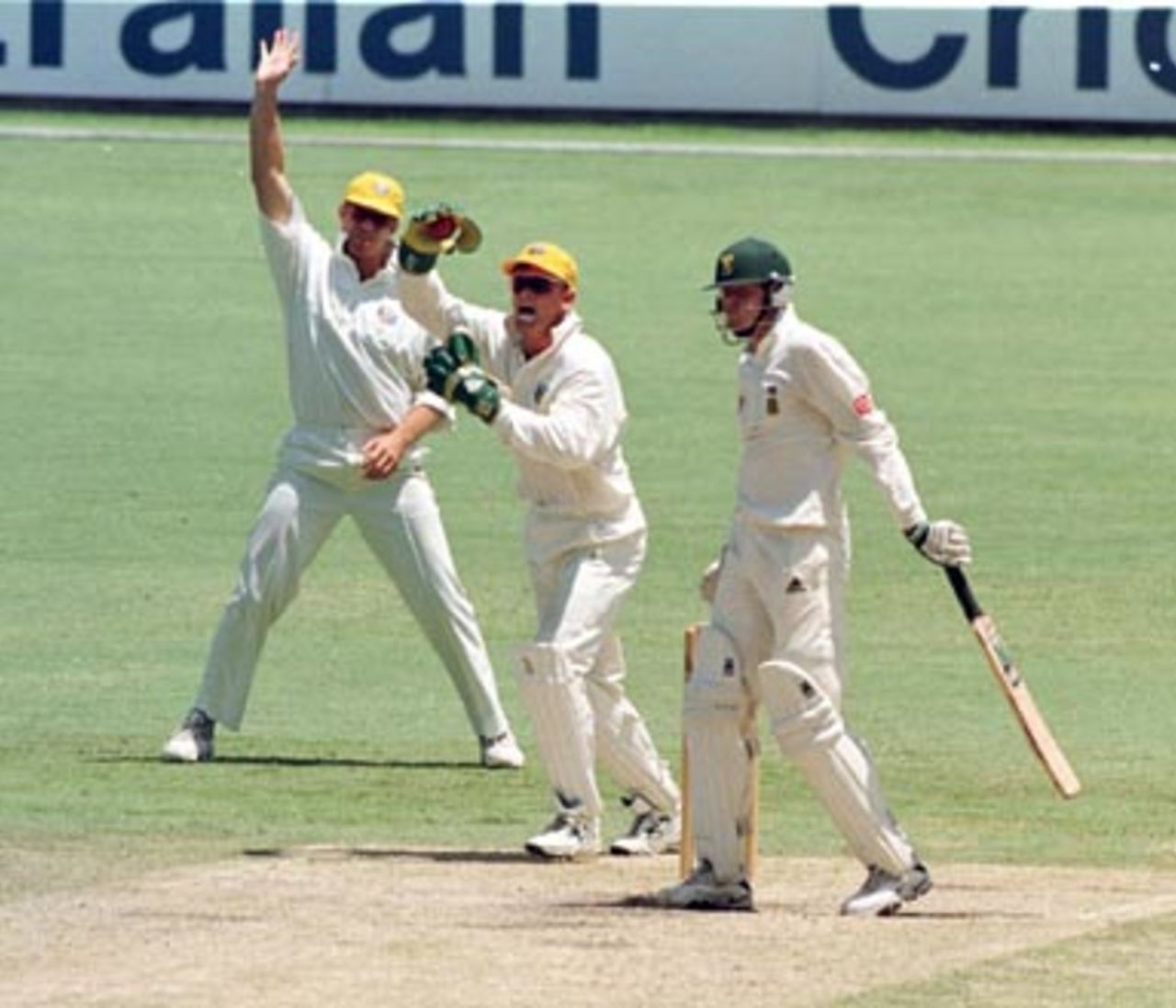 Shaun Pollock is caught behind during the final day of the Australia 'A' v South Africans 4 day match at the Gabba in Brisbane. December 22nd 1997.