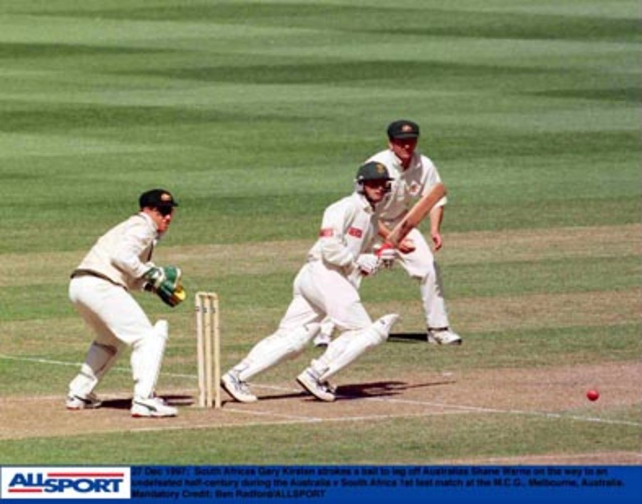 South African Gary Kirsten strokes a ball to leg off Australia's Shane Warne on the way to an undefeated half-century during the Australia v South Africa 1st Test match at the M.C.G., Melbourne, Australia. December 27th 1997.