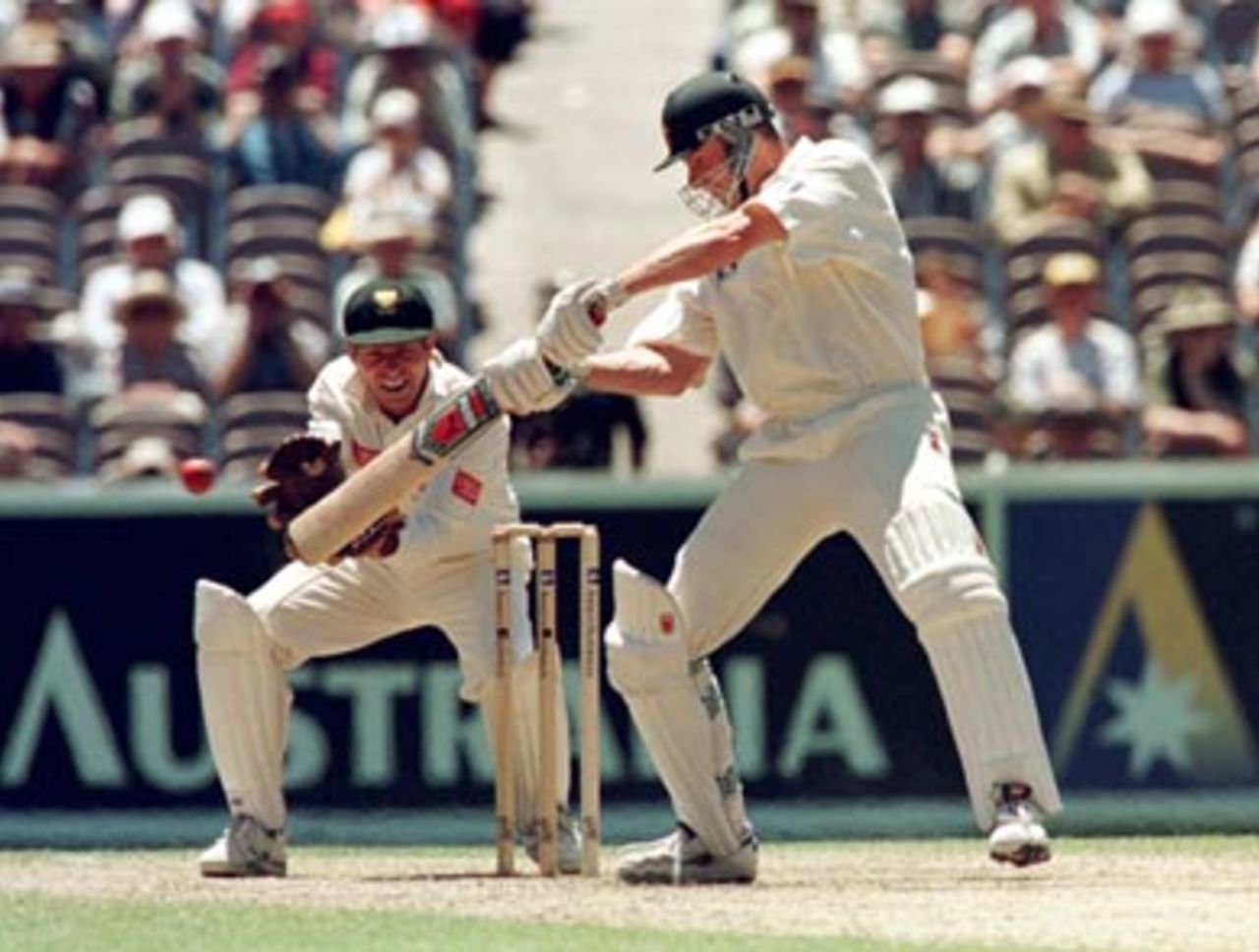 Paul Reiffel cuts on his way to an unbeaten 79 during the 4th day of the Australia v South Africa Test match at the MCG in Melbourne. December 29th 1997.