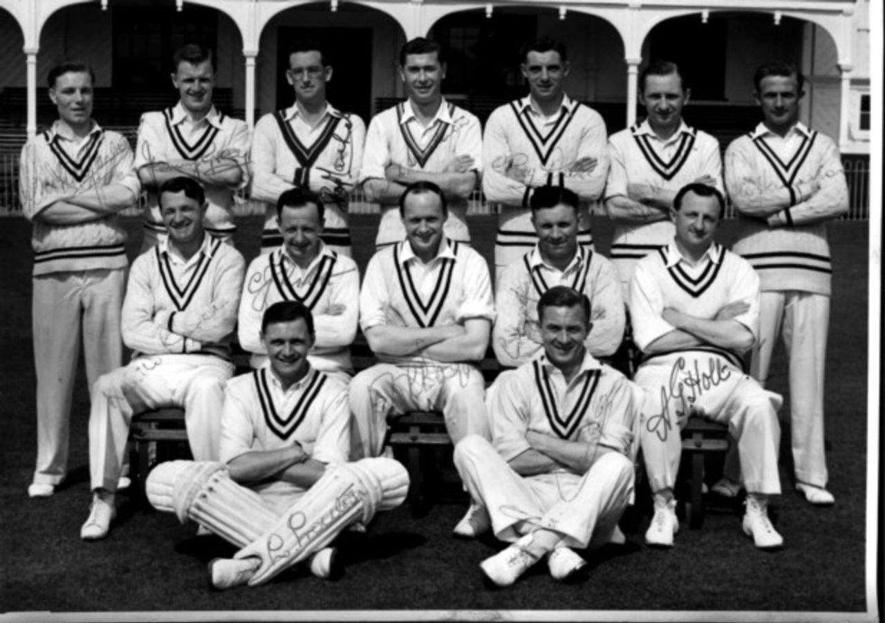 AWH Rayment,JR Gray,RE Marshall,D Shackleton,RA Dare,C Walker,L Harrison,NH Rogers,CJ Knott,EDR Eagar(capt),G Hill,AG Holt(coach),RO Prouton,VHD Cannings.