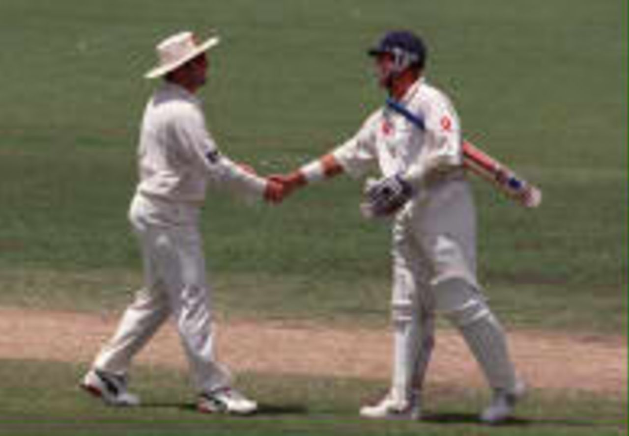 Mark Taylor shakes hands with Alec Stewart after Australia retain the Ashes by winning the 3rd Test The Ashes, 1998/99, 3rd Test Australia v England Adelaide Oval 11,12,13,14,15 December 1998