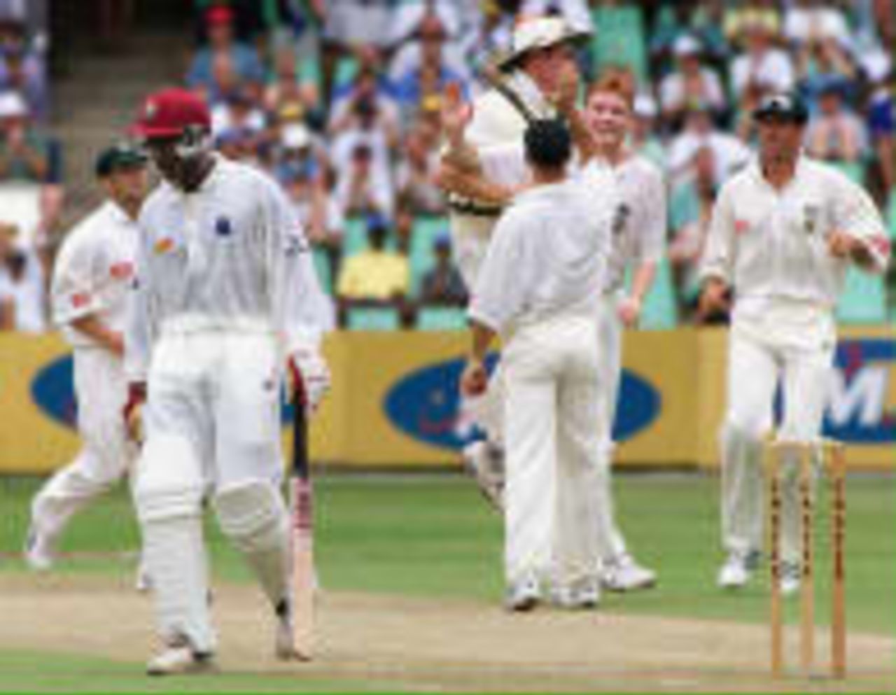 Junior Murray out to Terbrugge who is congratulated by his teammates Cronje, Boucher (back to camera), Shaun Pollock (jumping) and Gary Kirsten (left) West Indies in South Africa, 1998/99, 3rd Test South Africa v West Indies Kingsmead, Durban 26 December 1998