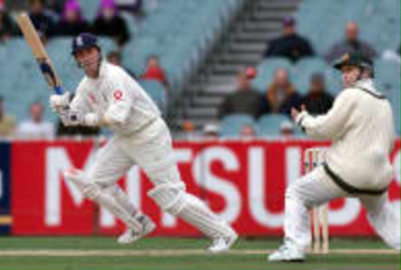 Alec Stewart clips a ball past Justin Langer The Ashes, 1998/99, 4th Test Australia v England Melbourne Cricket Ground 27 December 1998