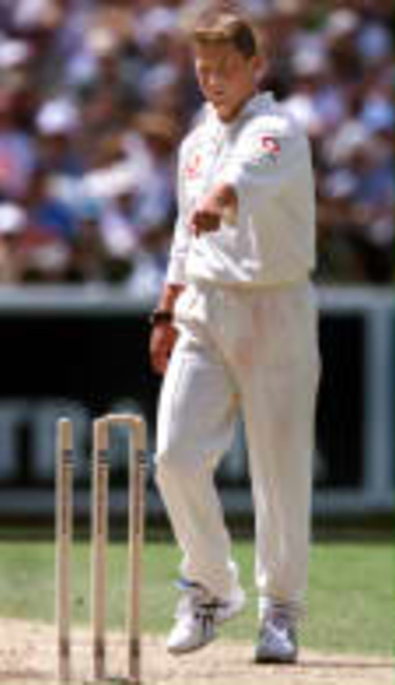 Darren Gough points to the dislodged bail after bowling Nicholson - The Ashes, 1998/99, 4th Test Australia v England Melbourne Cricket Ground 28 December 1998