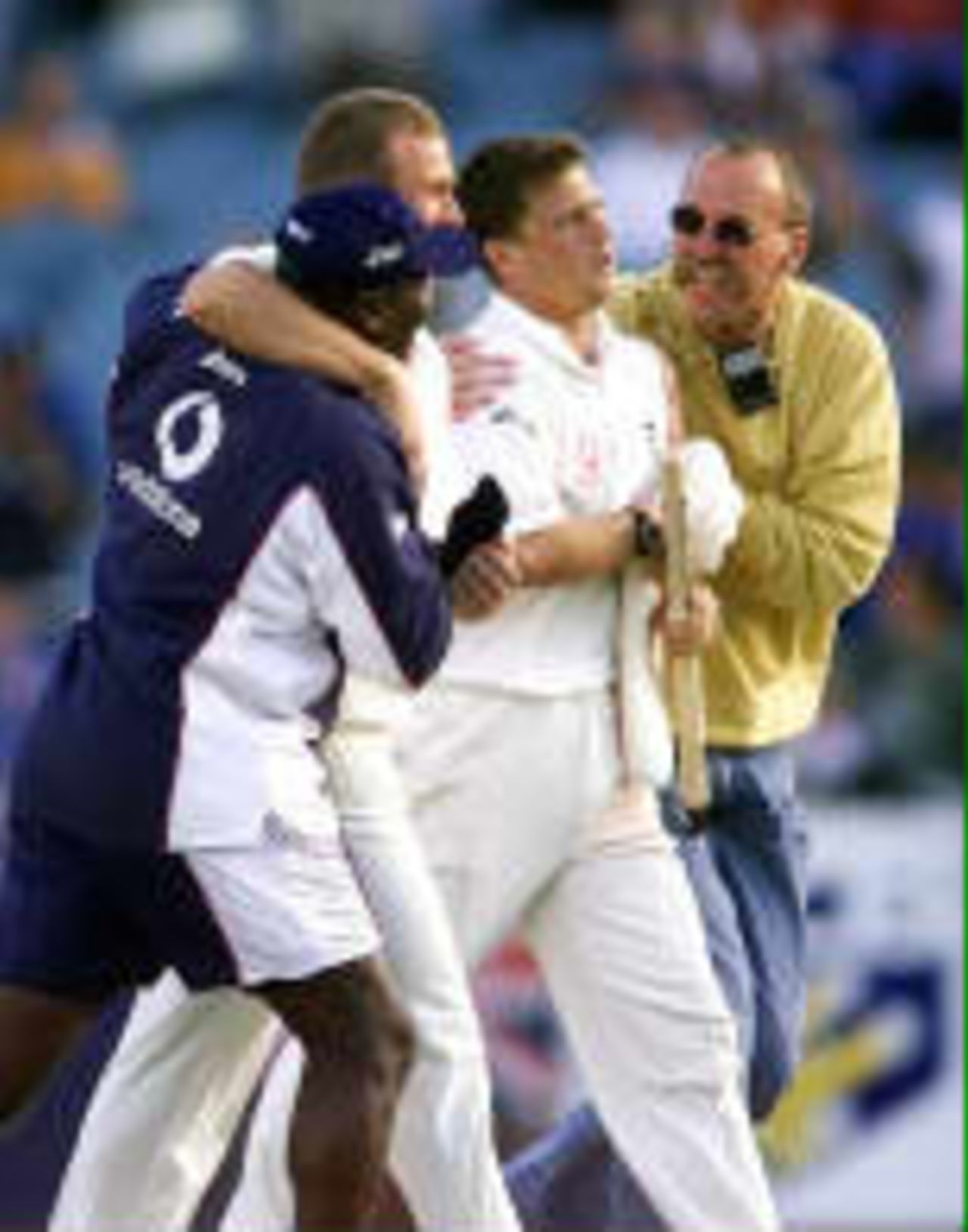 Darren Gough appears almost shocked as he walks off the field with Stewart - The Ashes, 1998/99, 4th Test Australia v England Melbourne Cricket Ground 26,27,28,29 December 1998