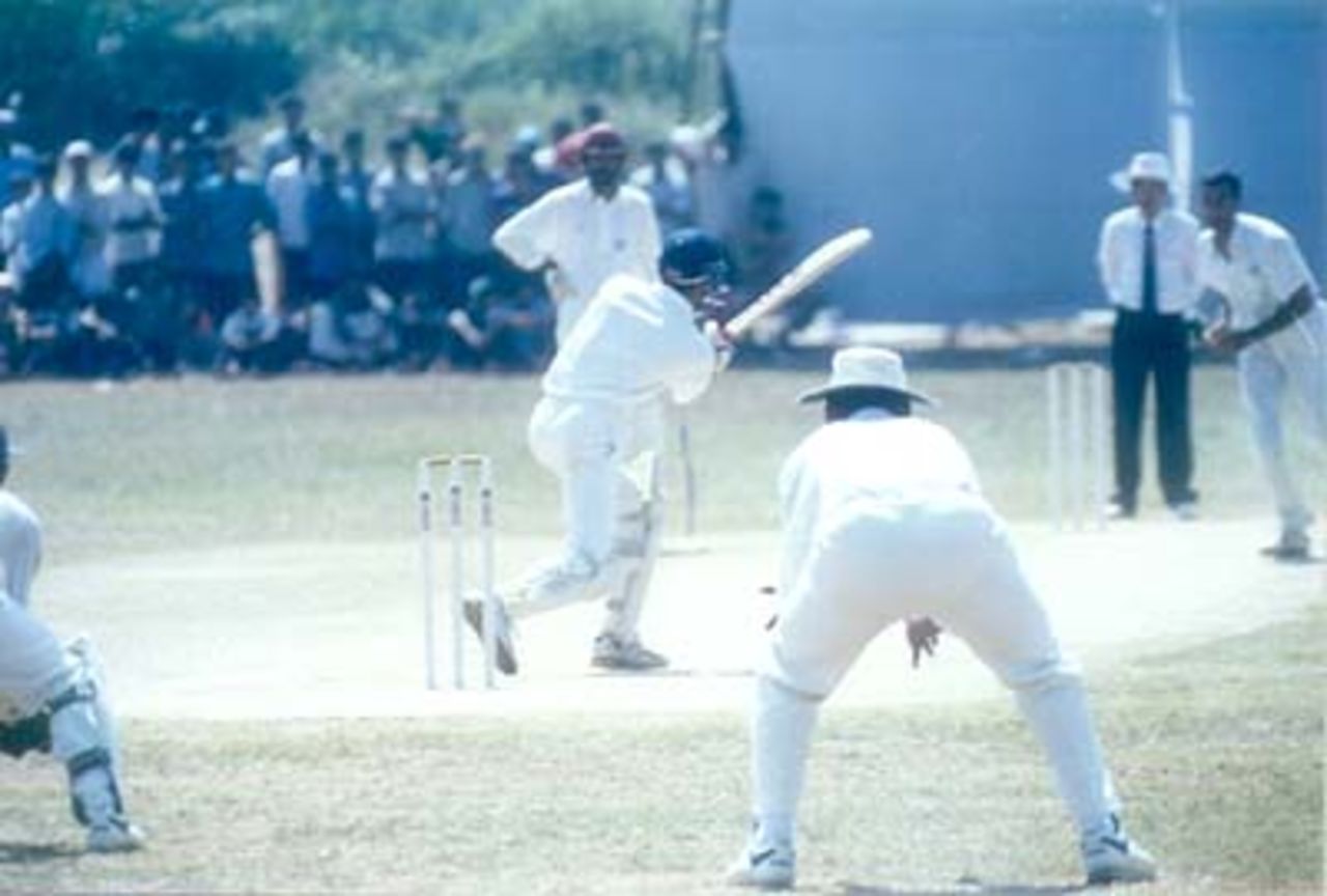 MP Sorab stepping forward and executing an on-drive off MF Ahmed, Kerala v Hyderabad, Ranji Trophy (South Zone League) 1999/00, 24-27 November 1999 at Regional Engineering College Ground, Kozhikode.