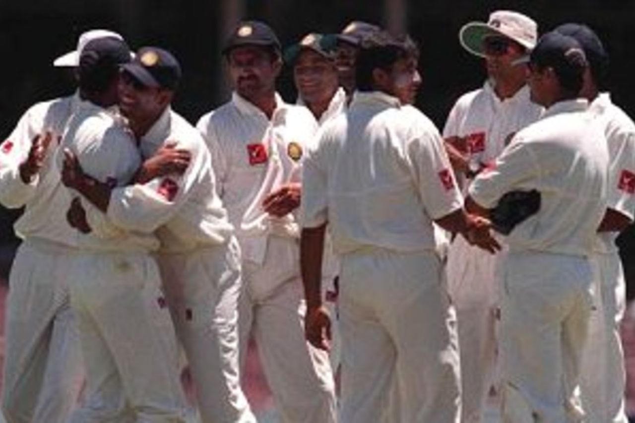 3 Dec 1999: India celebrate the wicket of Greg Mail during the match between New South Wales v India at the Sydney Cricket Ground, Sydney Australia.