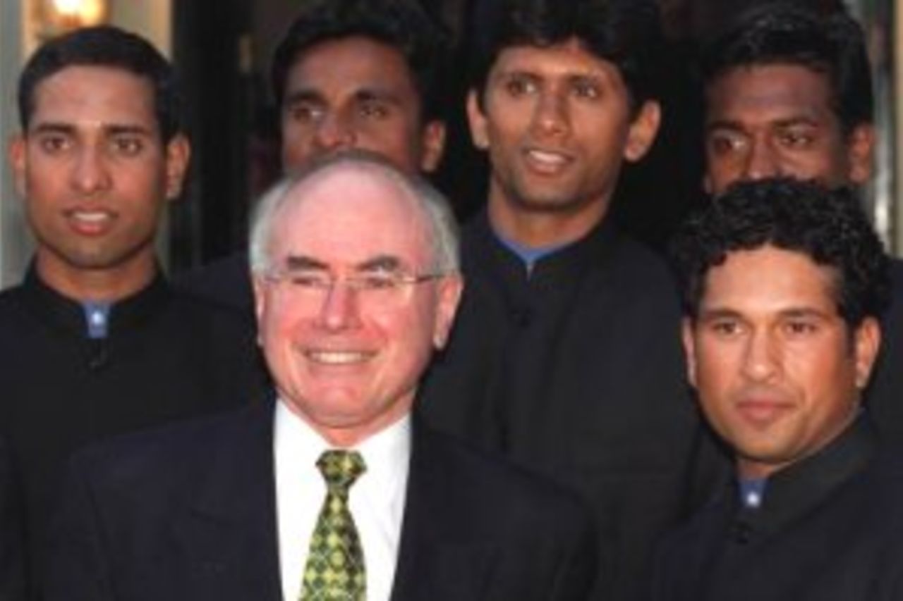6 Dec 1999: John Howard Prime Minister of Australia with Sachin Tendulkar,(right) Captain of India and several of his teamates at the Prime Ministers Lodge in Canberra in preparation for the Prime Ministers X1 game in Canberra.