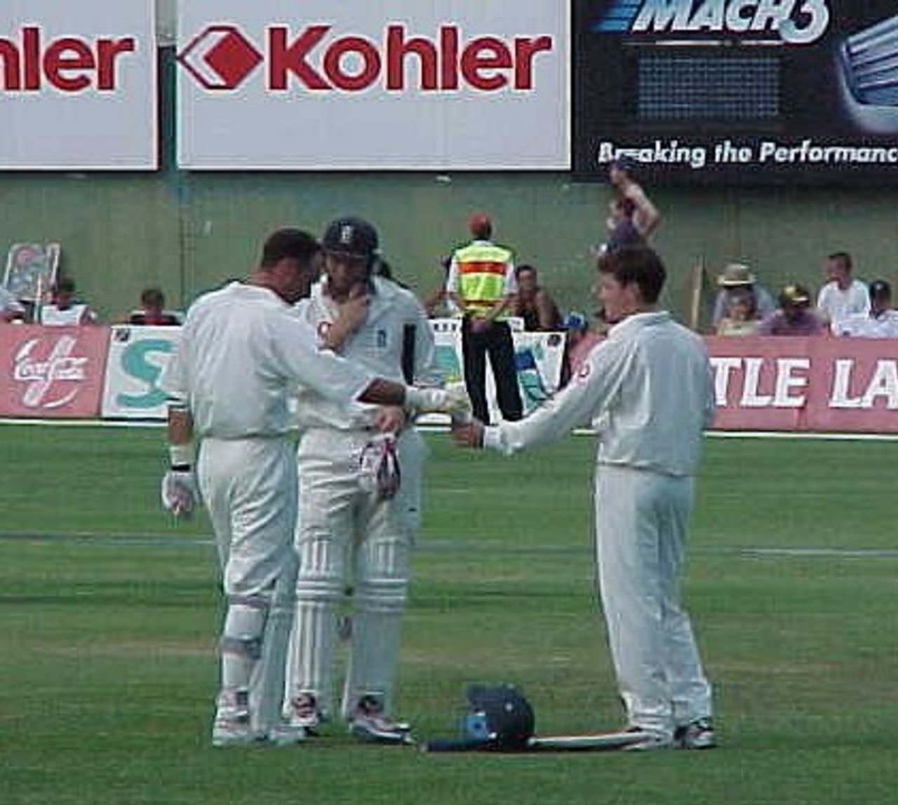 England's batsmen, Nasser Hussain and Mike Atherton, take a well earned drinks break during the evening session of the 2nd day of the Port Elizabeth Test match. (10 December 1999)