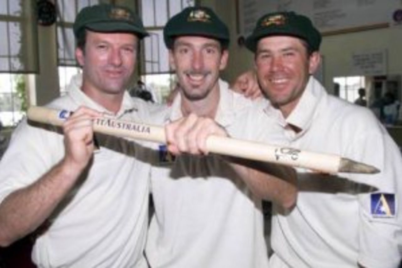 14 Dec 1999: (l-r) Steve Waugh, Damien Fleming and Ricky Ponting of Australia celebrate in the rooms after the game Waugh and Ponting scored centuries while Fleming took 5 wickets in the second innings, on day five of the first test between Australia and India, at the Adelaide Oval, Adelaide, Australia. Australia won by 285 runs.
