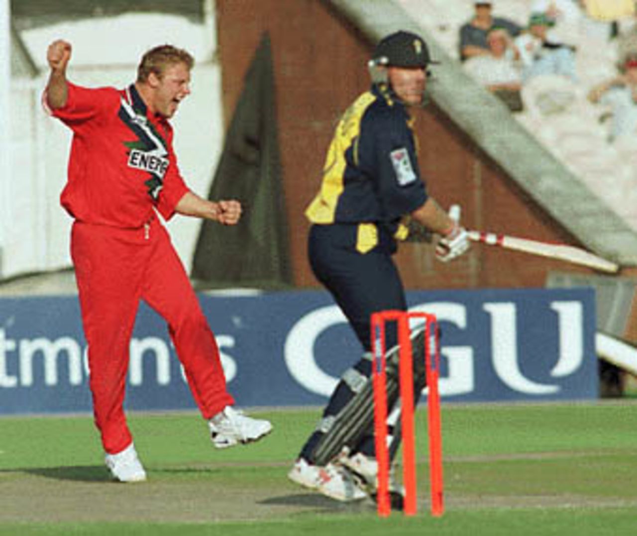Andrew Flintoff celebrating the wicket of Kendall, Hampshire v Lancashire, National League 1st Division, 6 September 1999