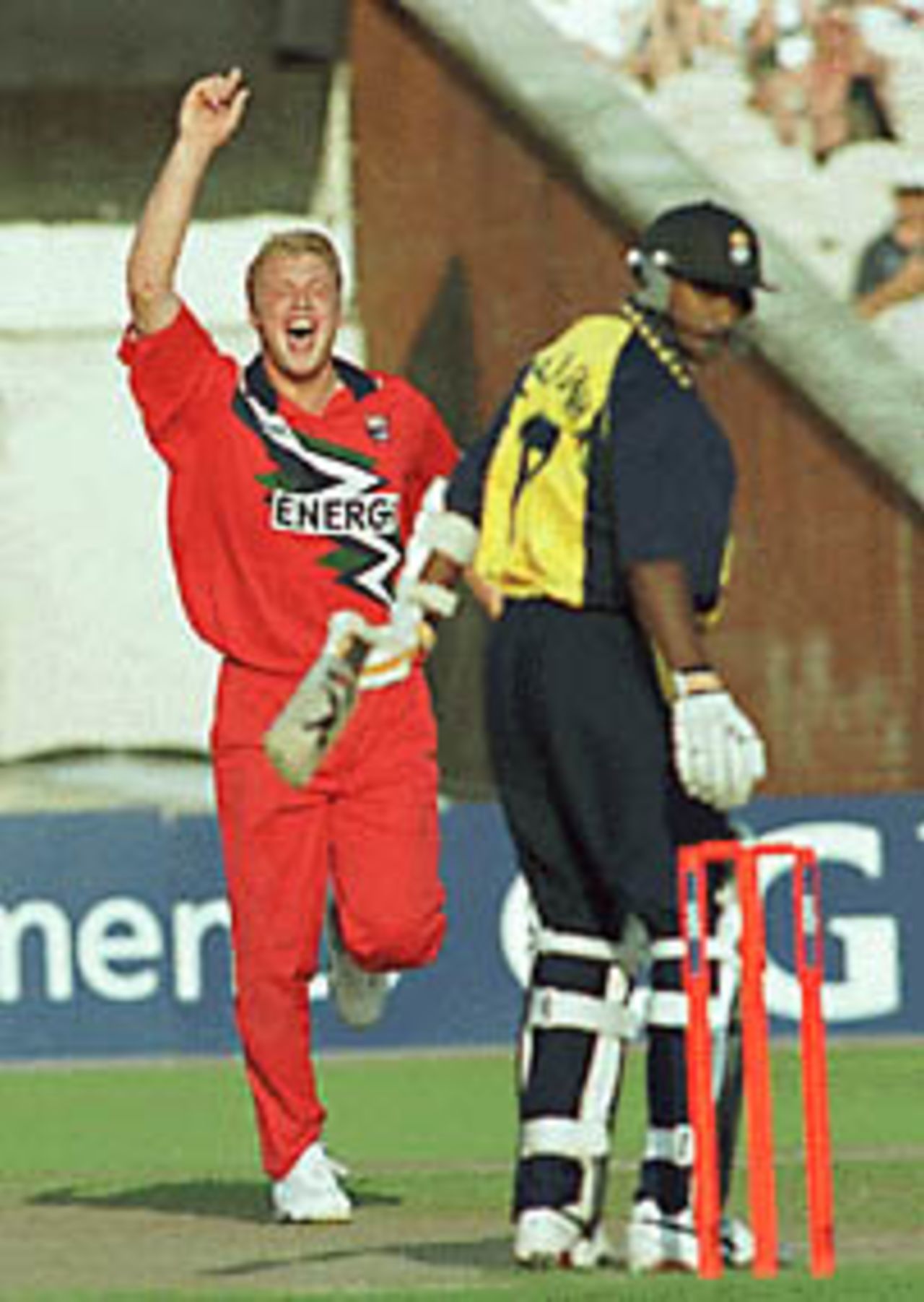 Andrew Flintoff celebrating the wicket of Mascarenhas, Hampshire v Lancashire, National League 1st Division, 6 September 1999