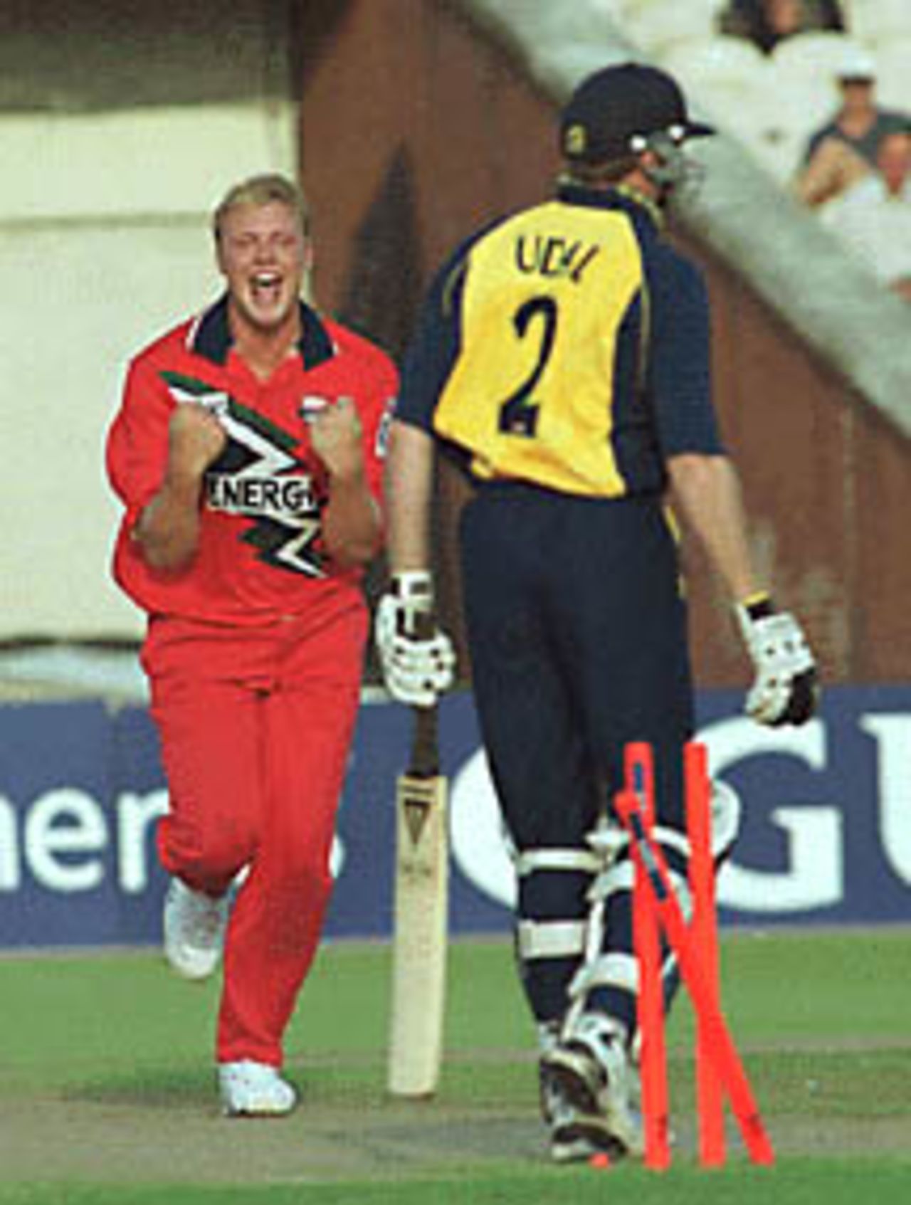 Andrew Flintoff celebrating the wicket of Udal, Hampshire v Lancashire, National League 1st Division, 6 September 1999