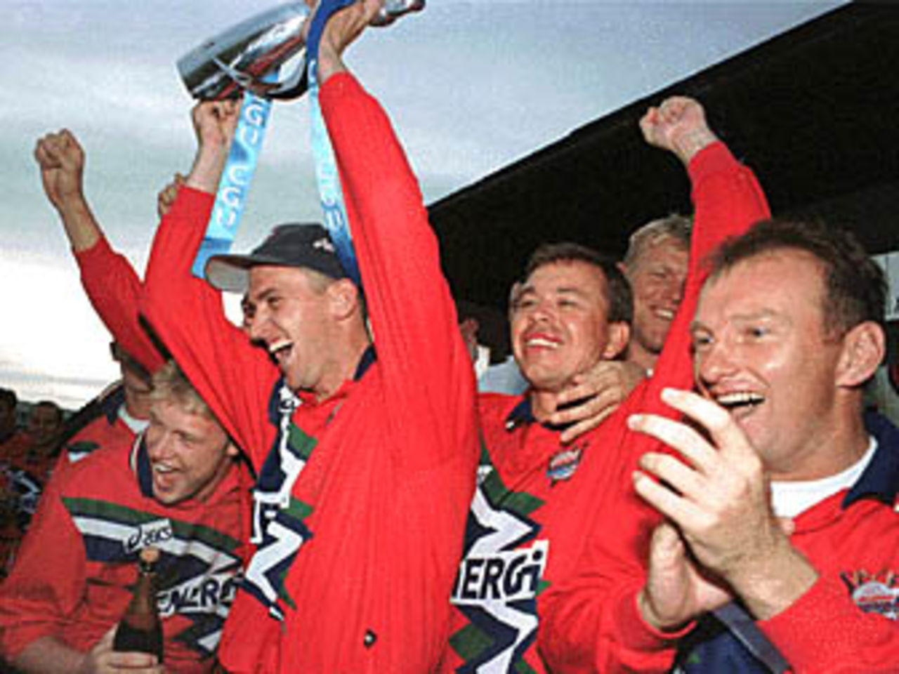 John Crawley holds the CGU trophy aloft, Old Trafford, National League 1st Division 1999