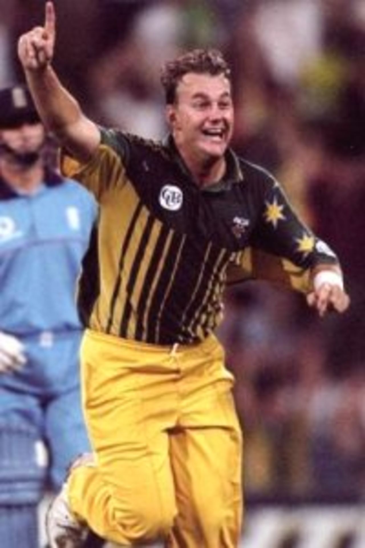 10 Feb 1999: Shane Lee of Australia celebrates against England in the first final of the Carlton and United One Day Series at the Sydney Cricket Ground in Australia. Australia won by 10 runs.