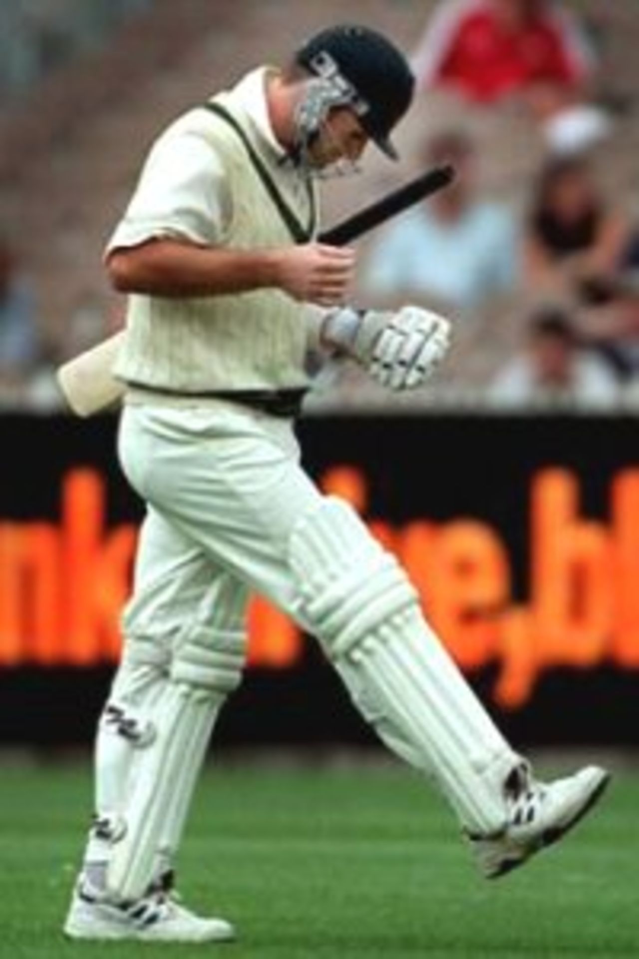 26 Dec 1999: Australian cricket team batsman Mark Waugh is dejected after being given out lbw for forty one runs off the bowling of Ajit Agarkar during the Boxing Day Cricket Test match between Australia and India at the Melbourne Cricket Ground, Melbourne, Australia.