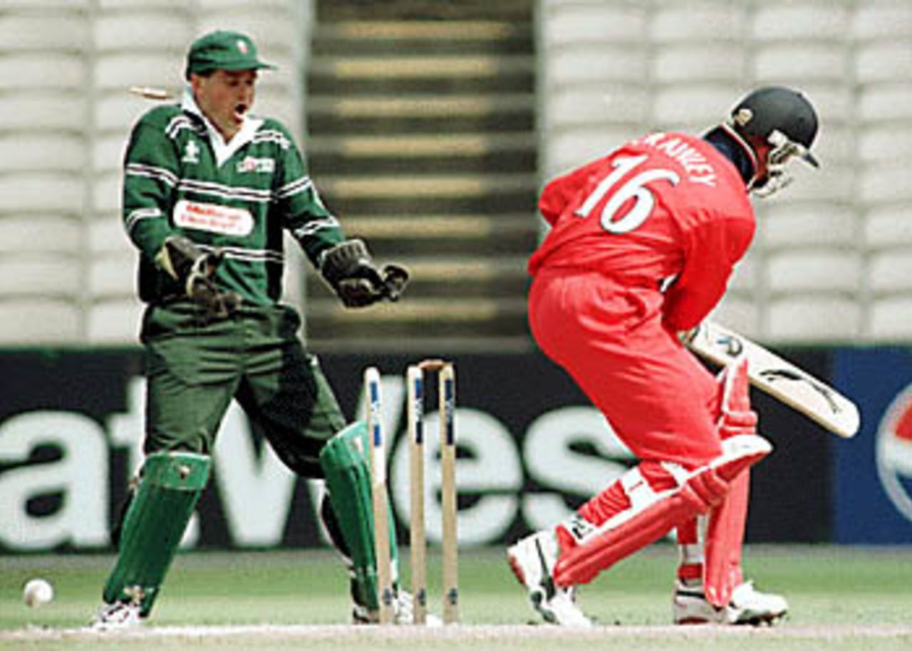 John Crawley bowled by Rawnsley after scoring 32, Lancashire v Worcestershire, National League 1st Division, 23 May 1999