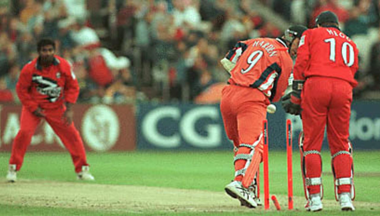 Richard Harden is bowled out by Muralitharan, Lancashire v Yorkshire, National League 1st Division, 17 August 1999