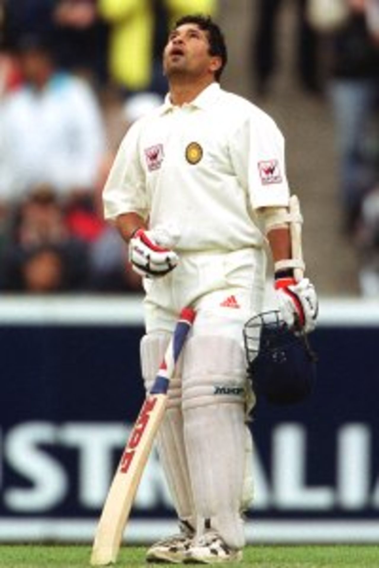 28 Dec 1999: Sachin Tendulkar of India looks to the heavens after completing his century, on day three of the second test match between Australia and India, played at the Melbourne Cricket Ground, Melbourne, Australia. India finished the day at nine for 235 runs.