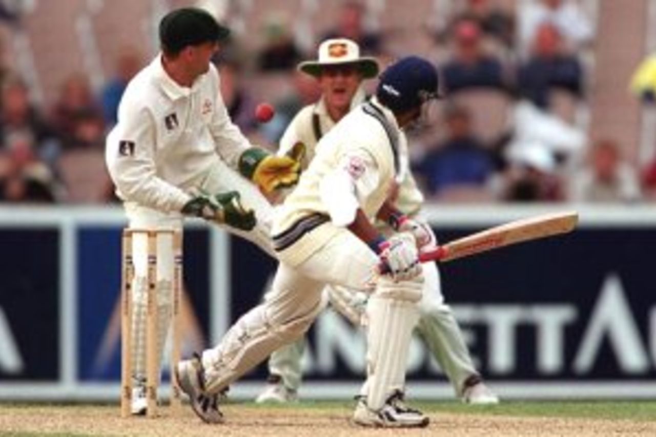 29 Dec 1999: Adam Gilchrist of Australia drops Rahul Dravid of India off the bowling of Shane Warne, on day four of the second test match between Australia and India, played at the Melbourne Cricket Ground, Melbourne, Australia.