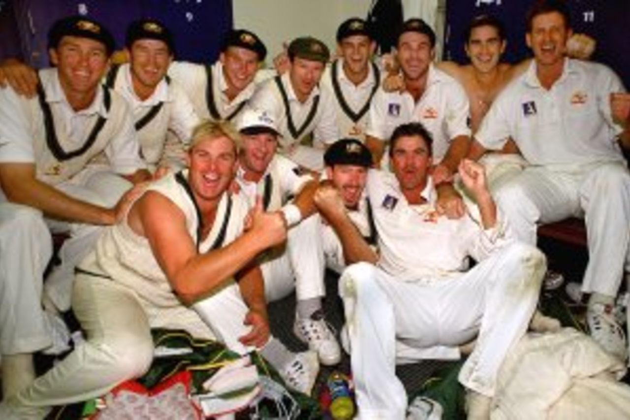 30 Dec 1999: The Australian Test cricket side are jubilant after defeating India on day five of the second test match between Australia and India at the Melbourne Cricket Ground, Melbourne, Australia. Australia won the match by 180 runs and have now taken an unbeatable two nil lead in the best of three series.