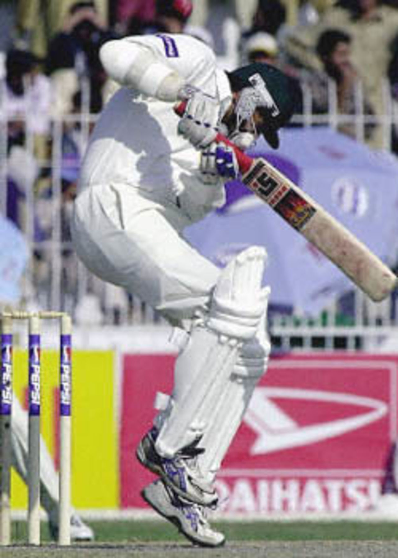 Wasim Akram takes evasive action to a Darren Gough delivery, England in Pakistan, 2000/01, 2nd Test, Pakistan v England, Iqbal Stadium, Faisalabad, 29Nov-03Dec 2000 (Day 2).