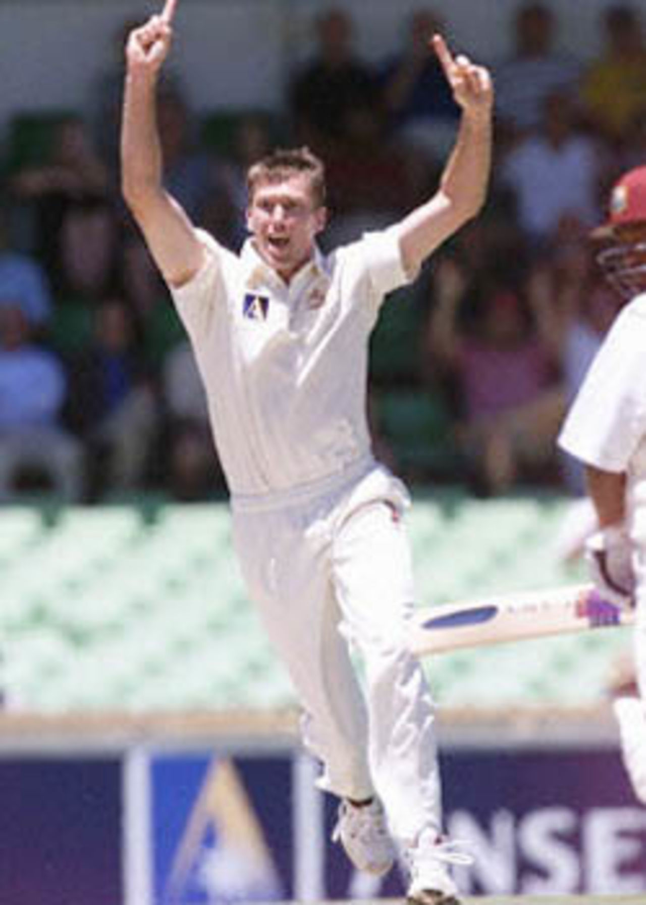 Glenn McGrath is delighted as he dismisses star batsman Brian Lara, The Frank Worrell Trophy, 2000/01, 2nd Test, Australia v West Indies, W.A.C.A. Ground, Perth, 01-05 December 2000 (Day 1).