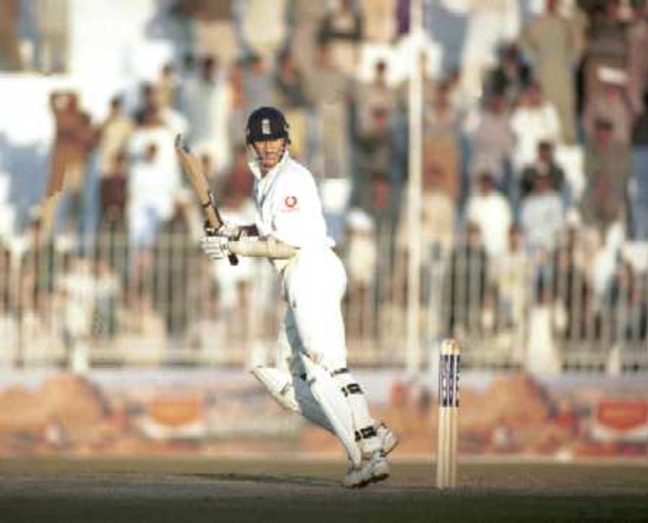 Andrew Caddick tracks the ball to fine leg, Day 4, 2nd Test Match, Pakistan v England at Faisalabad, 29 Nov-3 Dec 2000.