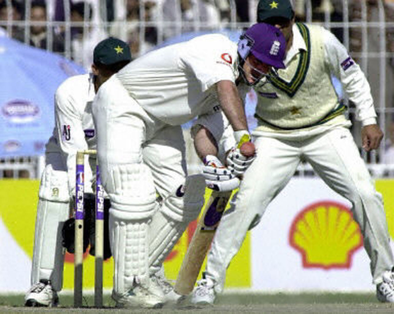 England southpaw Graham Thorpe in a spot of bother in the second Test against Pakistan, England in Pakistan, 2000/01, 2nd Test, Pakistan v England, Iqbal Stadium, Faisalabad, 29Nov-03Dec 2000 (Day 3).