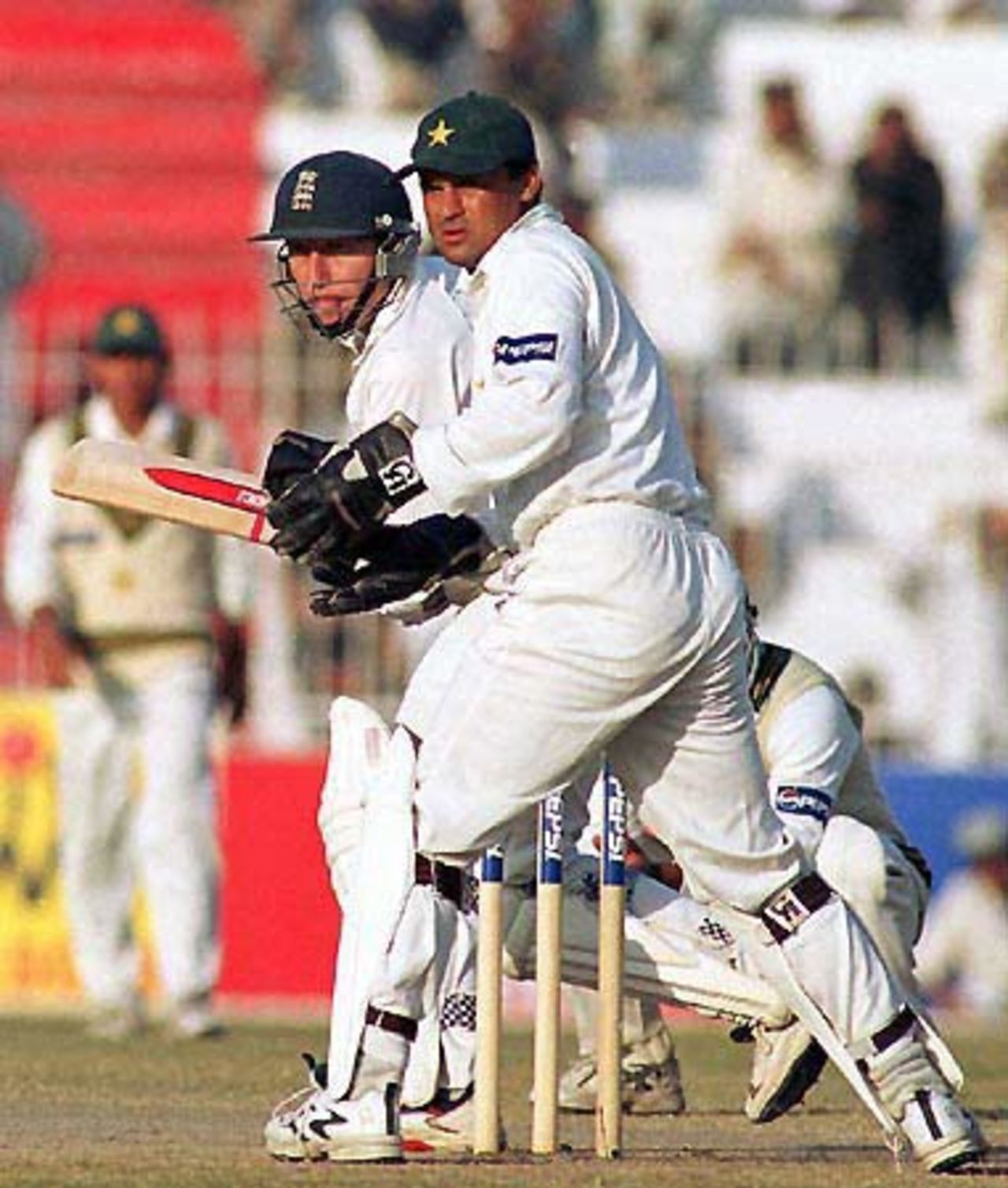 Atherton tracking the ball as he glances it towards fine leg, Day 5, 2nd Test Match, Pakistan v England at Faisalabad, 29 Nov-3 Dec 2000.