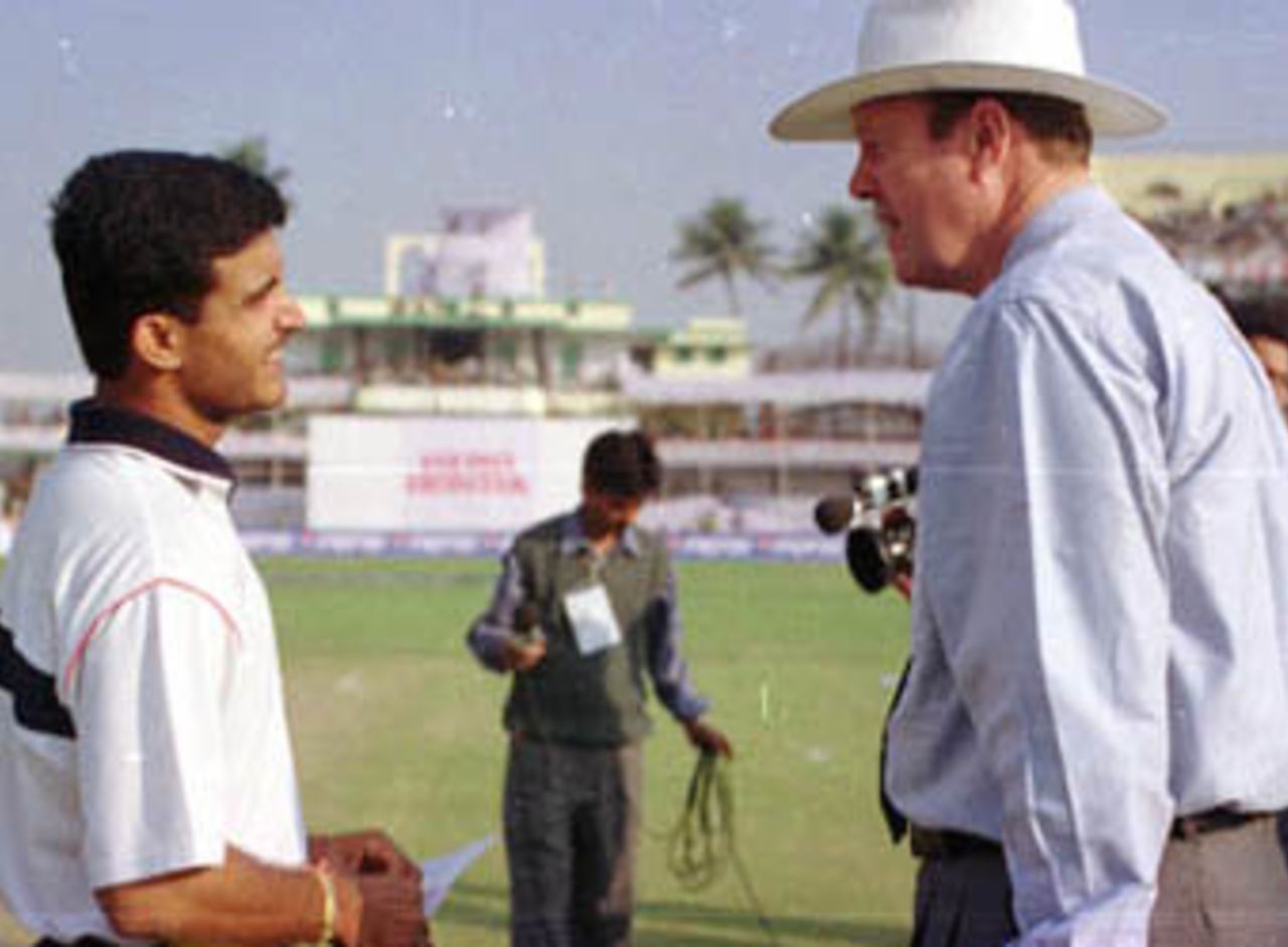 Ganguly in conversation with Tony Greig, Zimbabwe in India, 2000/01, 1st One-Day International, India v Zimbabwe, Barabati Stadium, Cuttack, 02 December 2000.